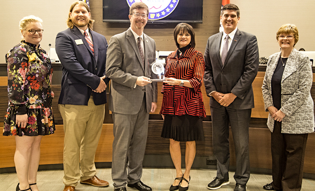 Pictured L to R: Amy Counts, DESE Director of Curriculum Projects; Brandon Waddle, DESE Public Relations Advisor; Johnny Key, Arkansas Commissioner of Education; Penny Talley, Magnolia School District Curriculum Coordinator; John Ward, Magnolia Superintendent; Ouida Newton, Arkansas State Board of Education, Chair