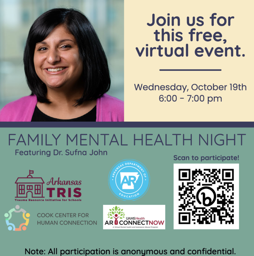 Virtual Family Mental Health Night - Wednesday, October 19th from 6:00-7:00 PM  Support your child’s mental health and wellness by joining an informative event for parents and educators. Ask questions of leading psychologist Dr. Sufna John and learn about free resources. Join at bit.ly/ADE-Family. For easy access, download the free Zoom app at https://zoom.us/download. 