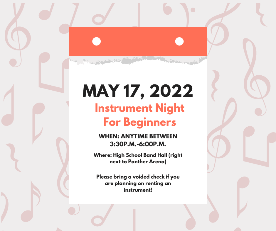 MHS Band Instrument Night for Beginners - MHS Band Hall - Tuesday, May 17, 2022 - 3:30-600 PM