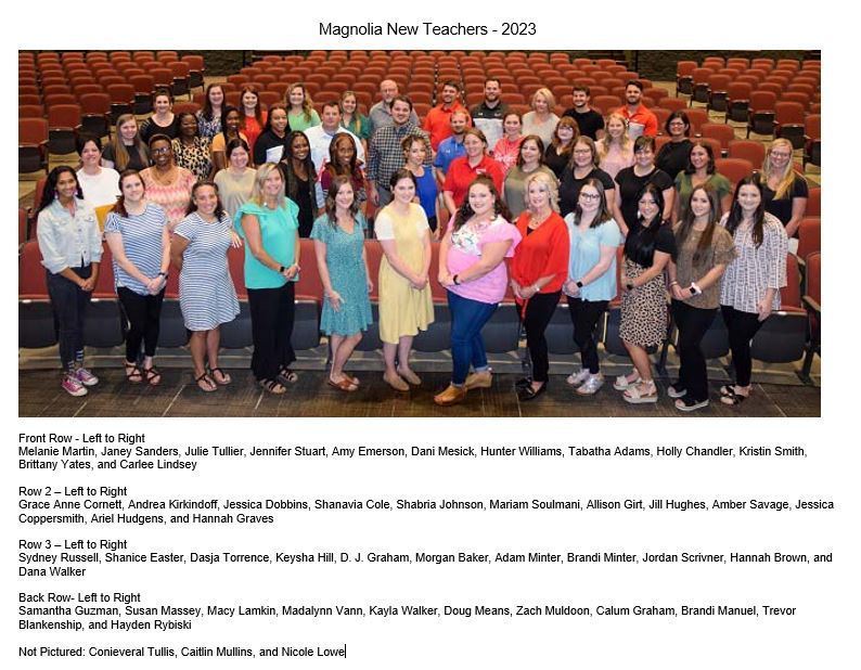 Picture and list of new Magnolia School District teachers for 2023