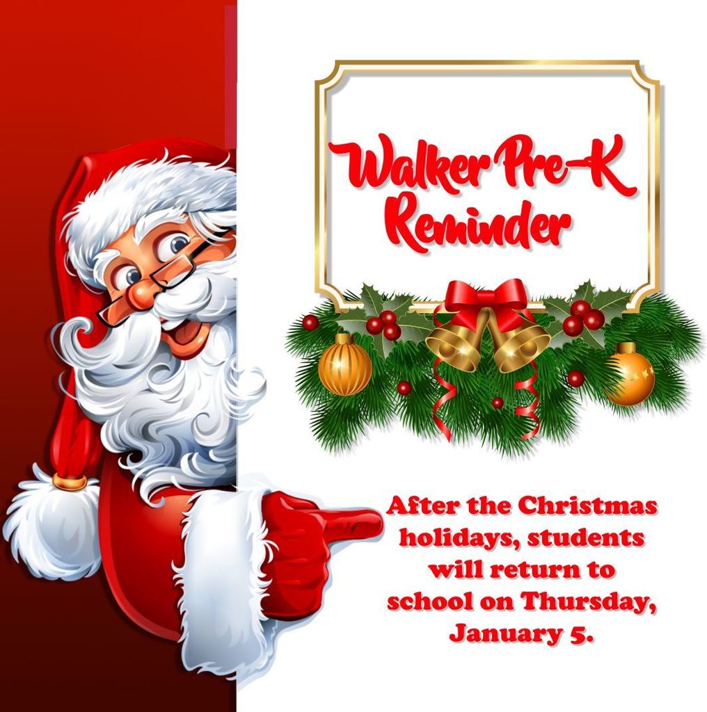 Santa Claus pointing at the Christmas Break Reminder. Students will return to school; after the break on January 5, 2023.